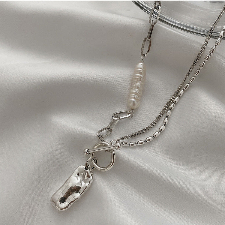 Vintage French Irregular Metal Pendant Freshwater Pearl Necklace