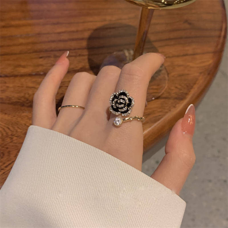 Light luxury zircon camellia open ring