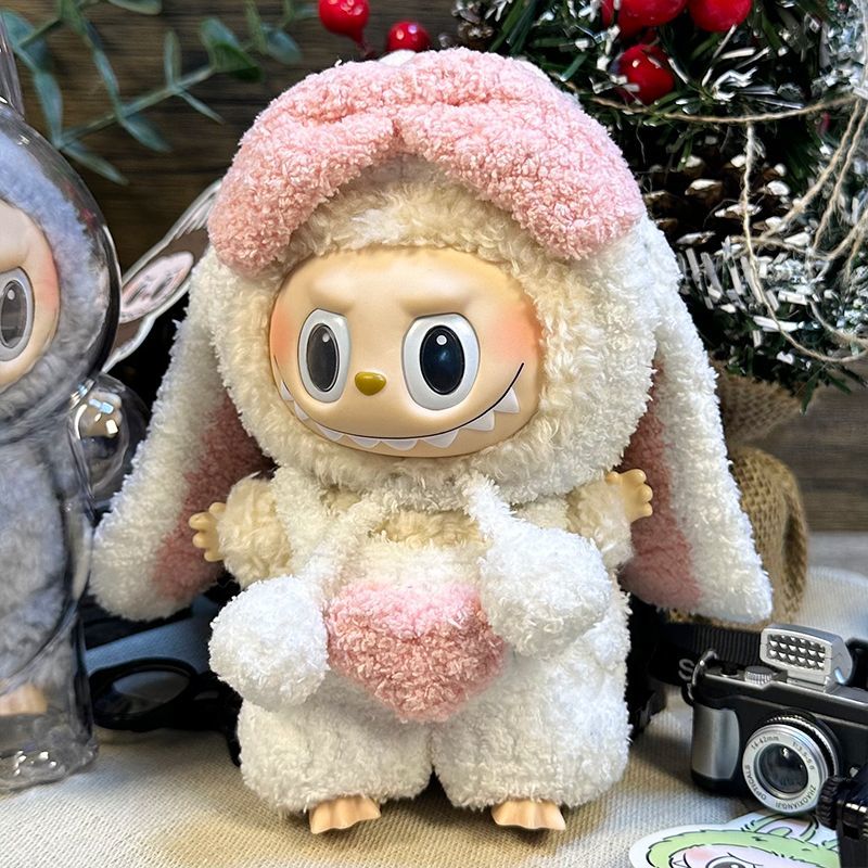 First and second generation Labubu sitting party baby clothes pendant 17cm doll Labubu cloth clothes heart lop-eared rabbit set