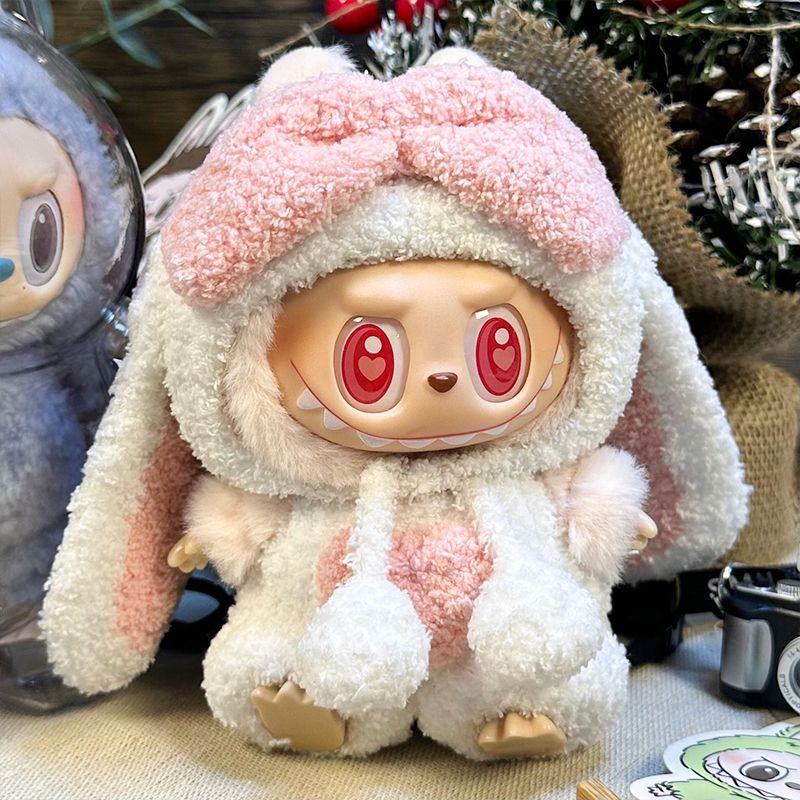 First and second generation Labubu sitting party baby clothes pendant 17cm doll Labubu cloth clothes heart lop-eared rabbit set