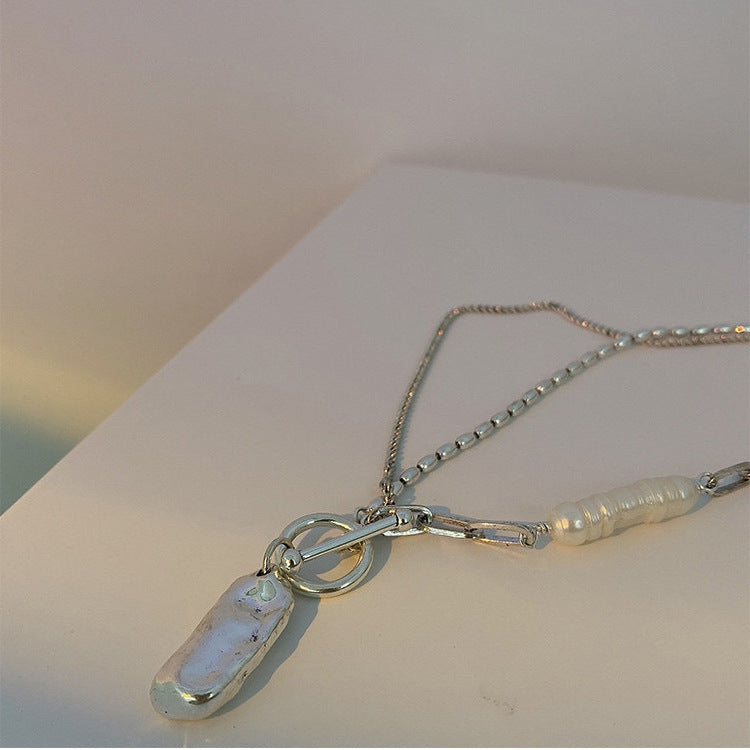 Vintage French Irregular Metal Pendant Freshwater Pearl Necklace