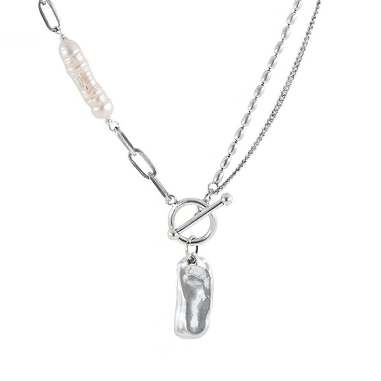 Vintage French Irregular Metal Pendant Freshwater Pearl Necklace