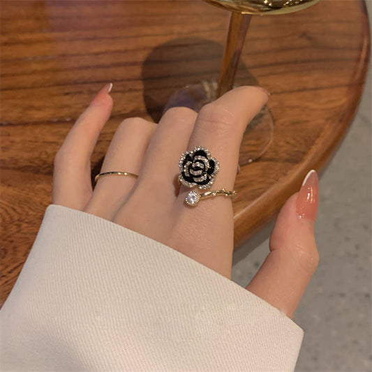 Light luxury zircon camellia open ring