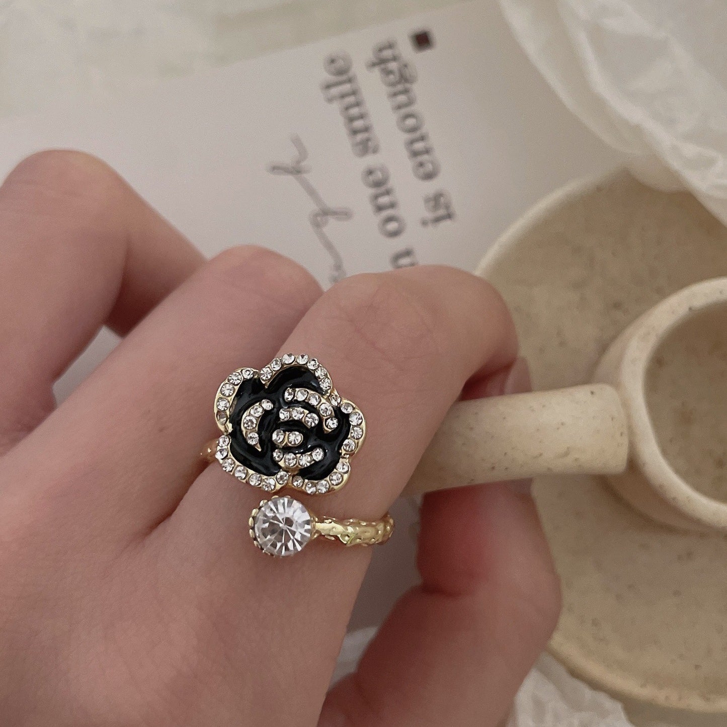 Light luxury zircon camellia open ring