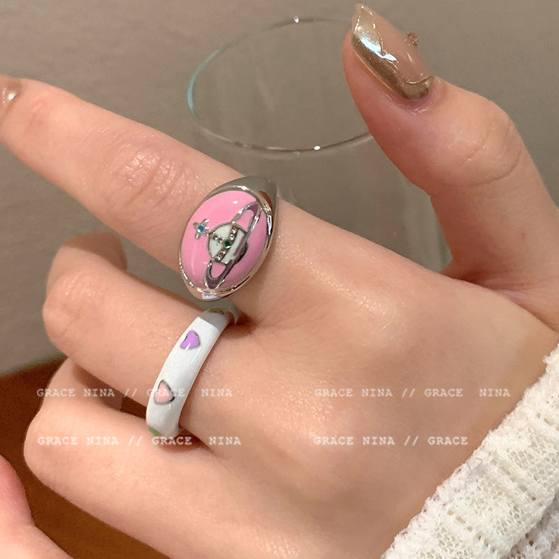 Mori color enamel drop glaze star love ring female niche design open planet index finger ring sweet ring
