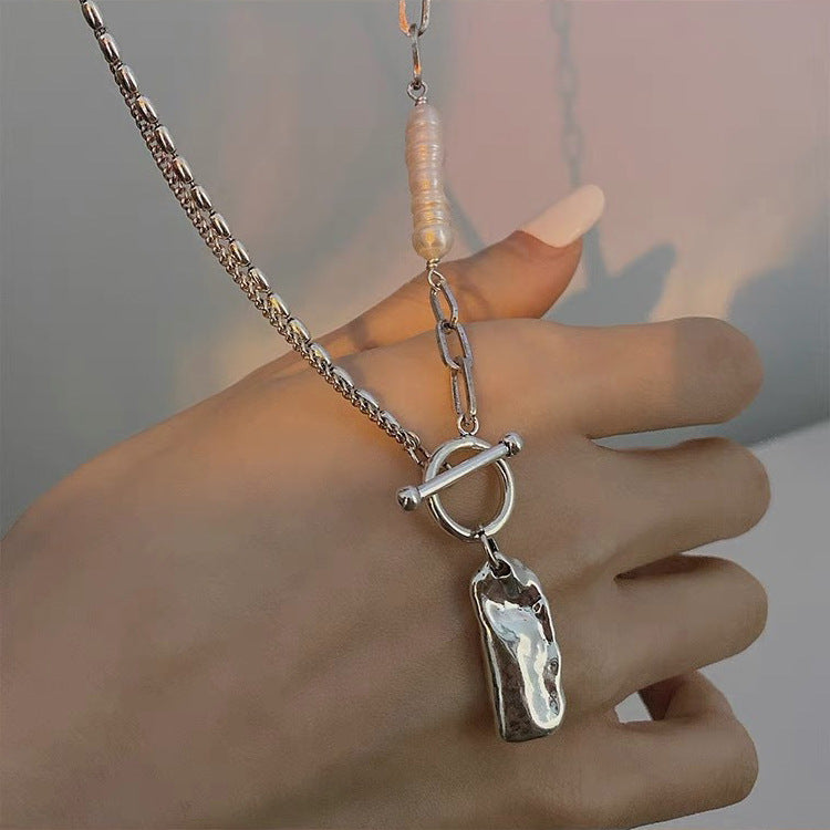 Vintage French Irregular Metal Pendant Freshwater Pearl Necklace